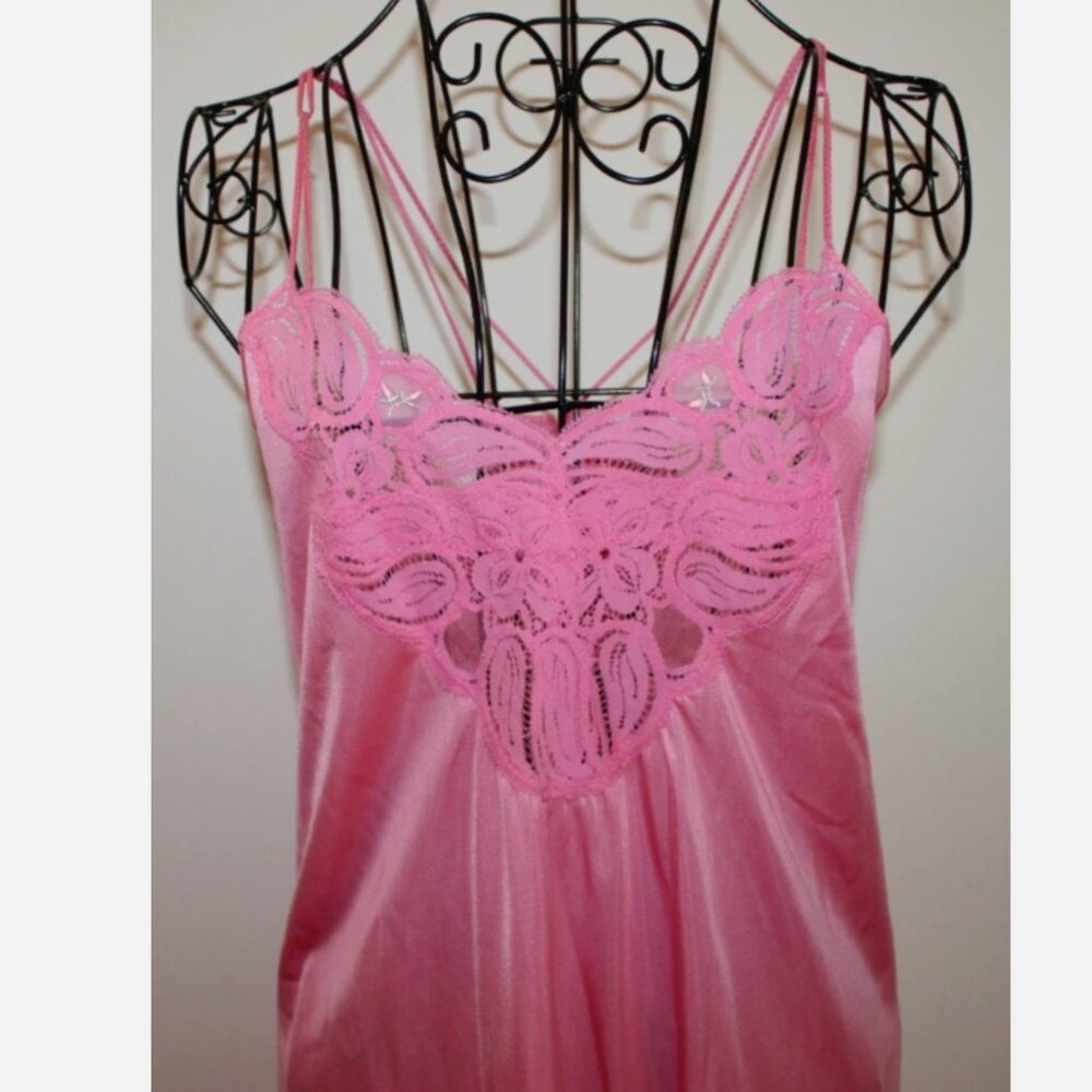 Vintage Shadowline Pink Nylon Nightgown Sz S Made in USA Lace Trim - Picture 3 of 9